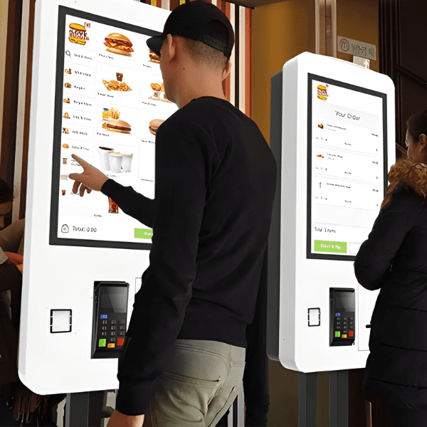 Customers ordering at a branded self-service kiosk